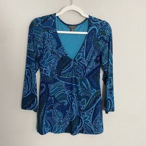 Tommy Bahama Paisley Shirt Womens Small S Blue V Neck 3/4 Sleeve